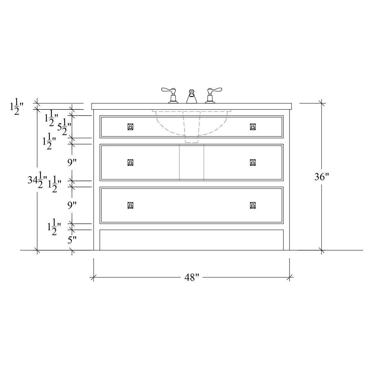 Paddington Vanity | Three-Drawer Style | Beaded Drawer Front - 48"