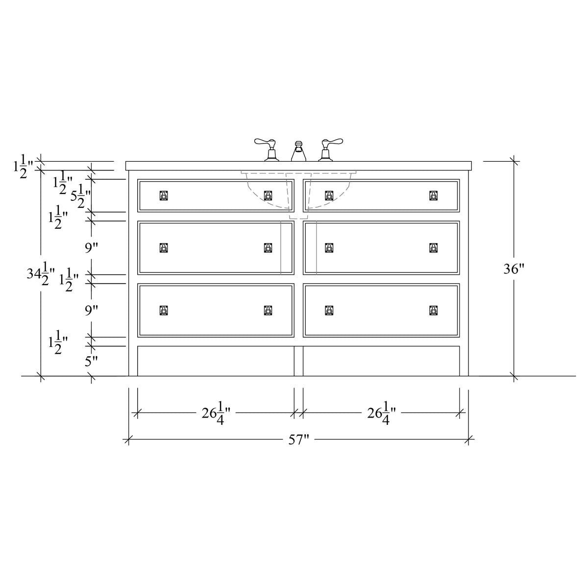 Paddington Vanity | Three-Drawer Style | Beaded Drawer Front - 57"