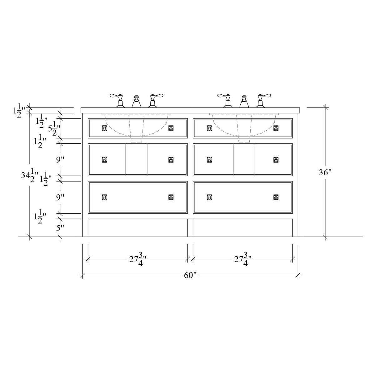 Paddington Vanity | Three-Drawer Style | Beaded Drawer Front - 60"