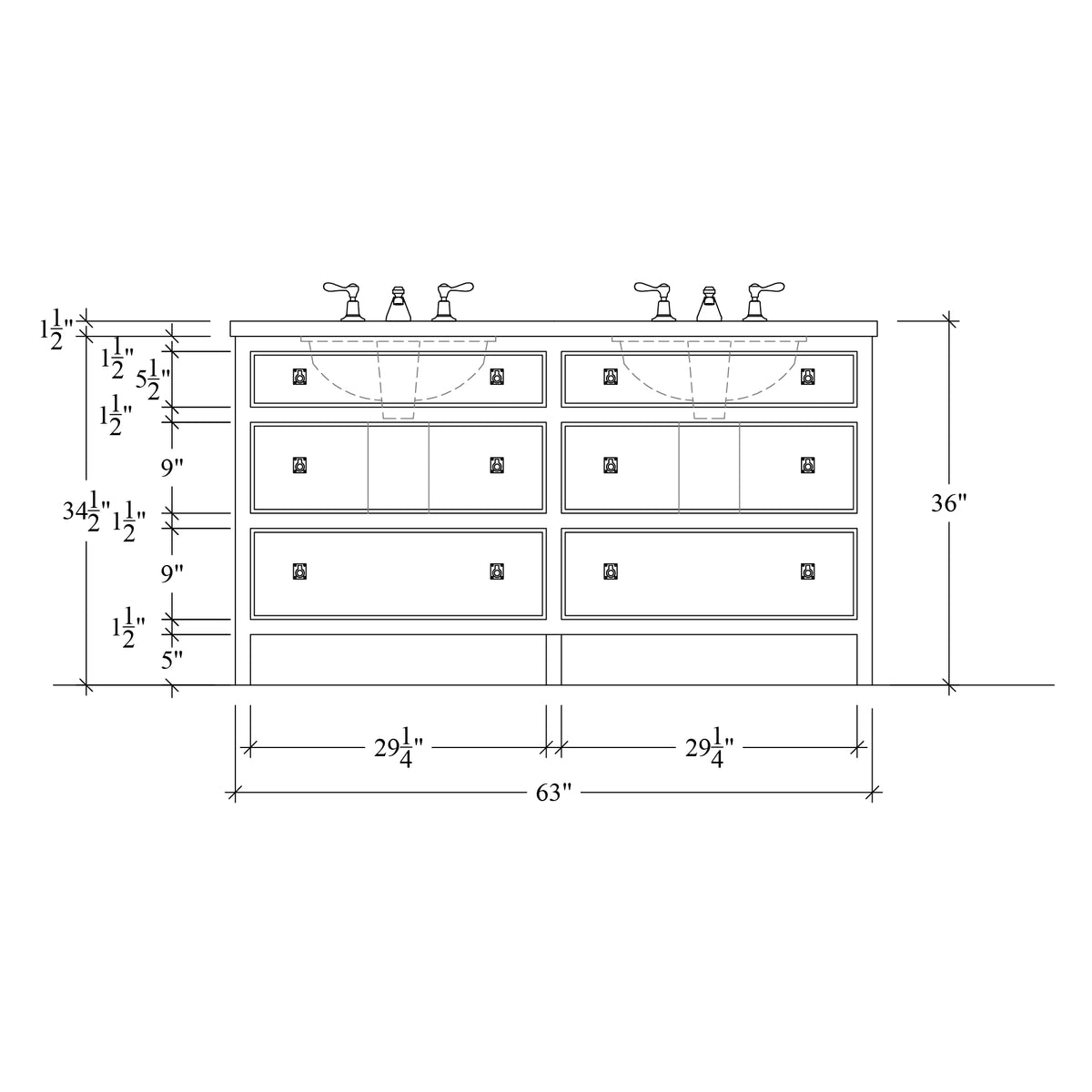 Paddington Vanity | Three-Drawer Style | Beaded Drawer Front - 63"