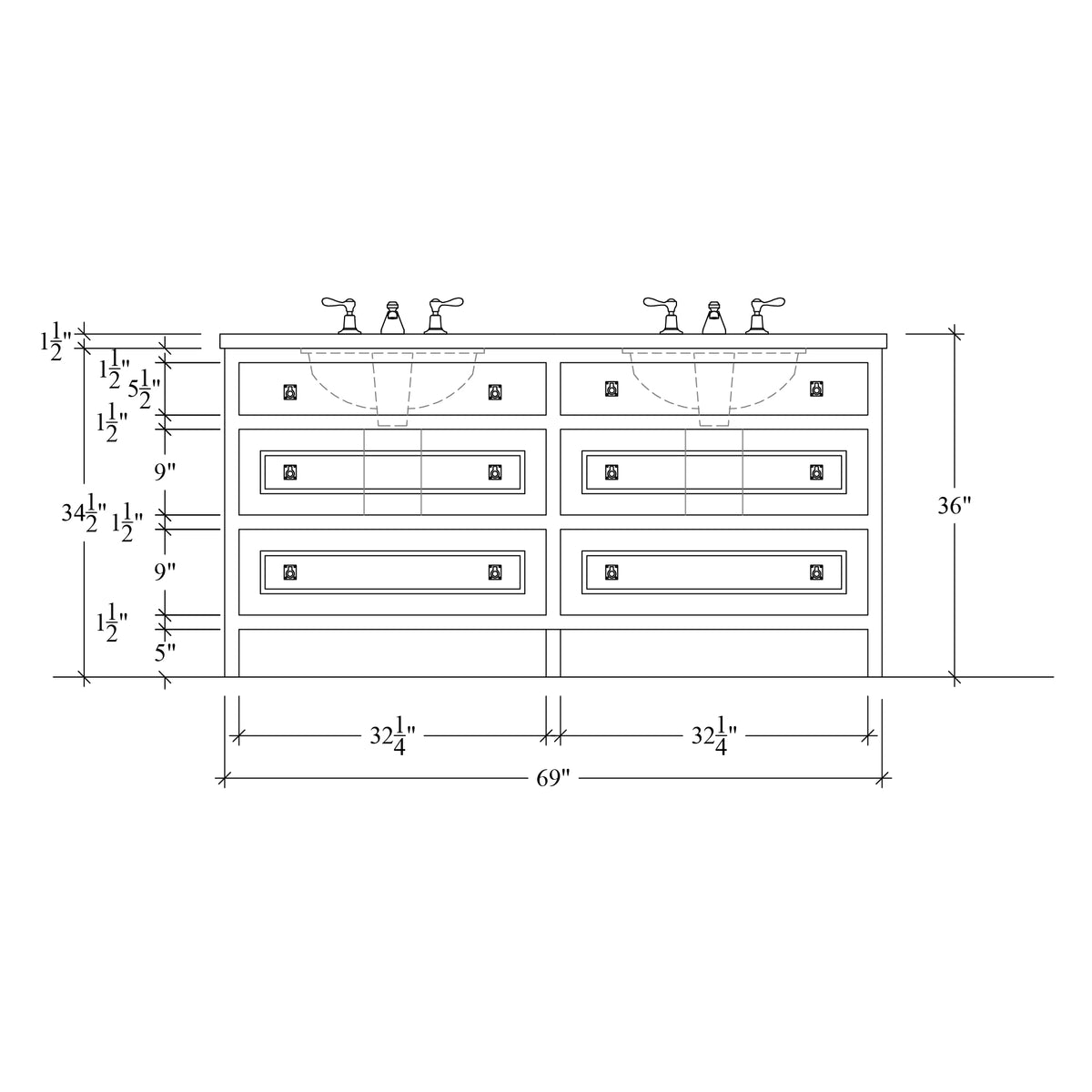 Paddington Vanity | Three-Drawer Style | Heritage Drawer Front - 69"