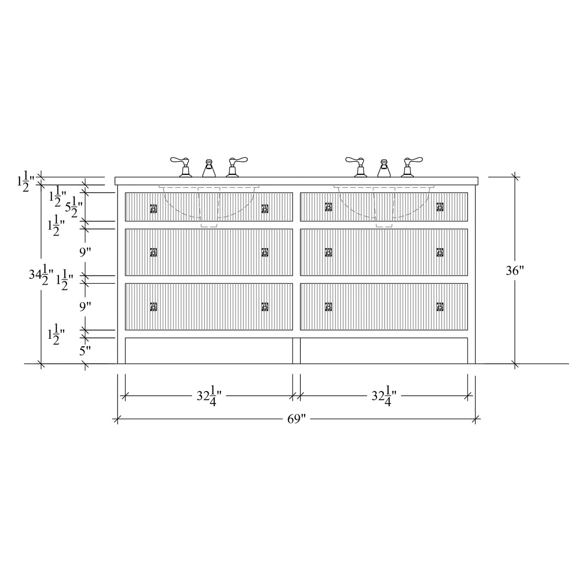 Paddington Vanity | Three-Drawer Style | Reeded Drawer Front - 69"