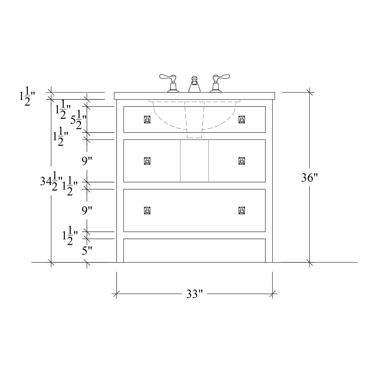 Paddington Vanity | Three-Drawer Style | Slab Drawer Front - 33"