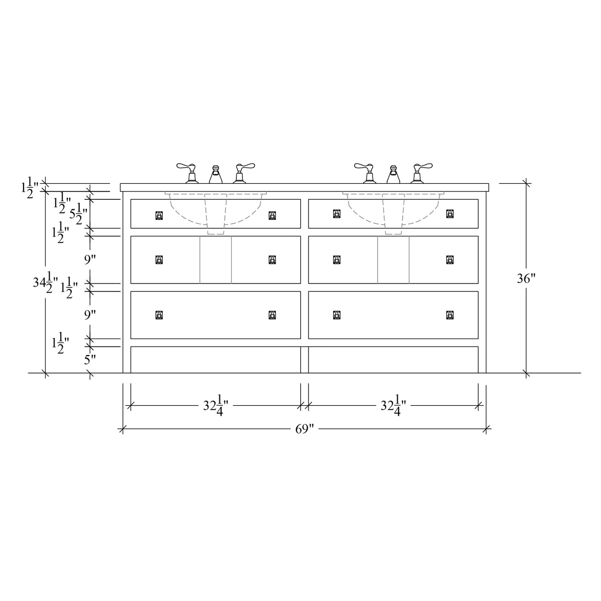 Paddington Vanity | Three-Drawer Style | Slab Drawer Front - 69"