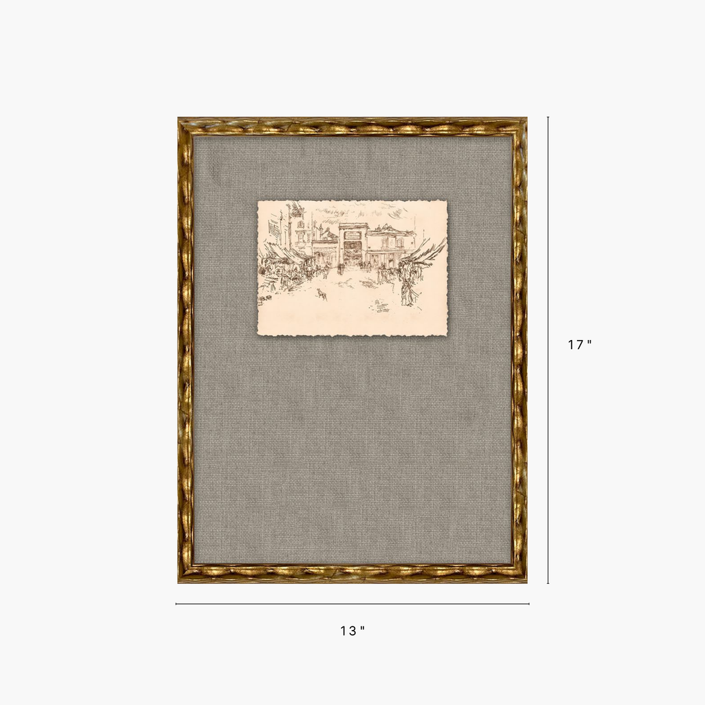 A framed wall art piece with a textured gray linen mat, a small beige sketch print in the center, and an ornate gold frame. White dimension lines indicate 13 inches wide by 17 inches tall on a light gray background.