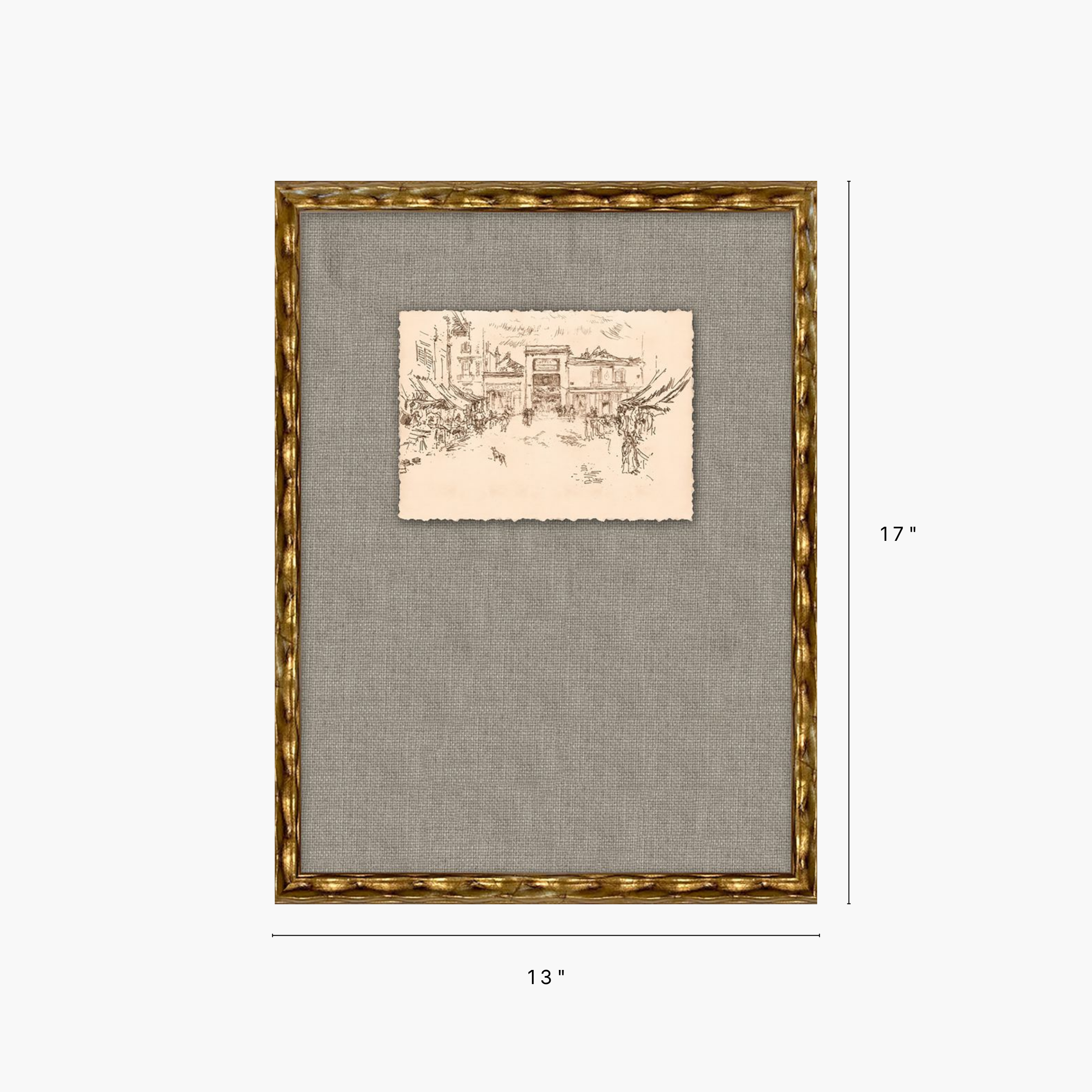 A framed wall art piece with a textured gray linen mat, a small beige sketch print in the center, and an ornate gold frame. White dimension lines indicate 13 inches wide by 17 inches tall on a light gray background.