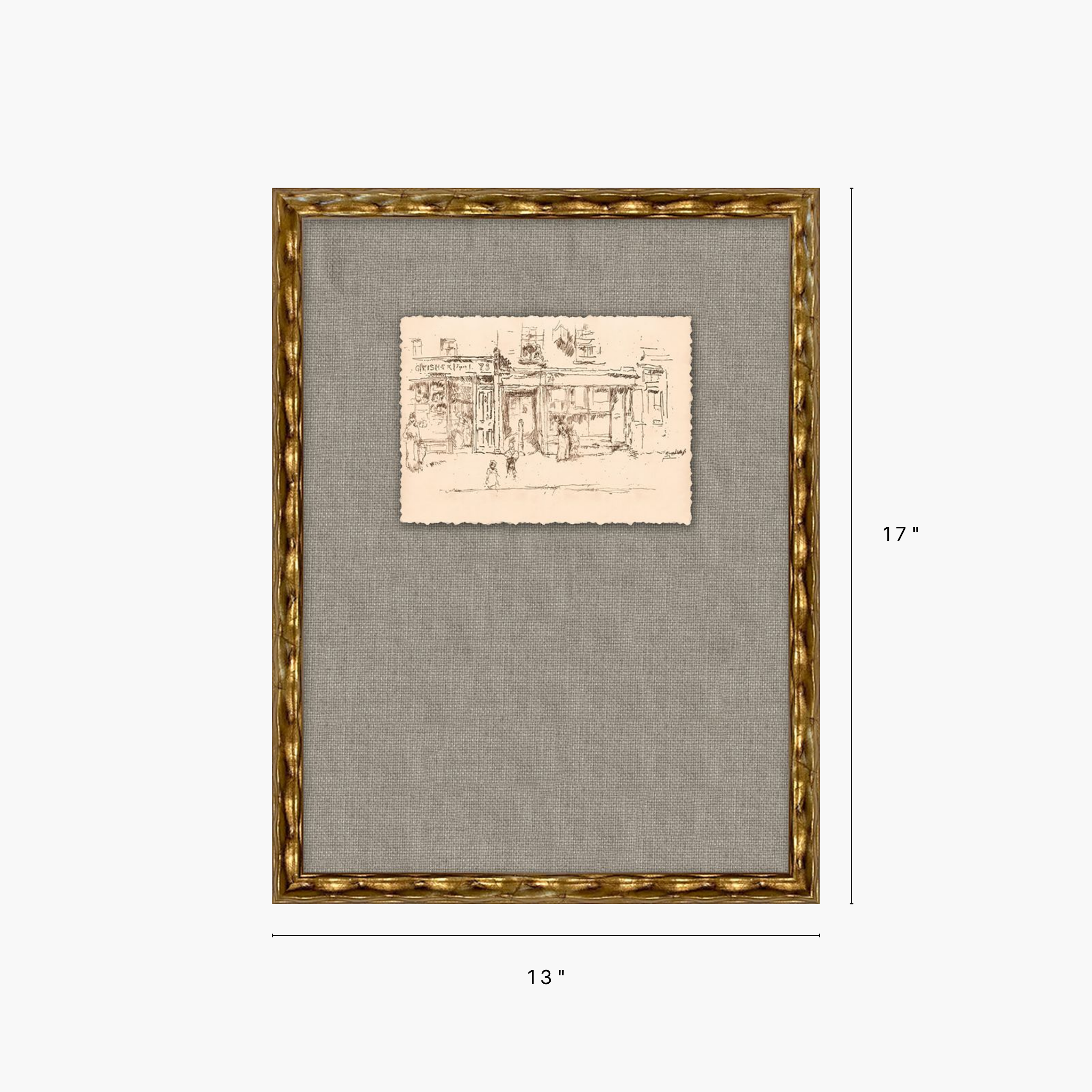 A framed art print or matted sketch shown on a light gray background with dimension labels indicating 13 inches wide by 17 inches tall. The frame is ornate gold-toned, the mat is textured taupe-gray, and the central artwork is a small sepia architectural sketch on cream paper.