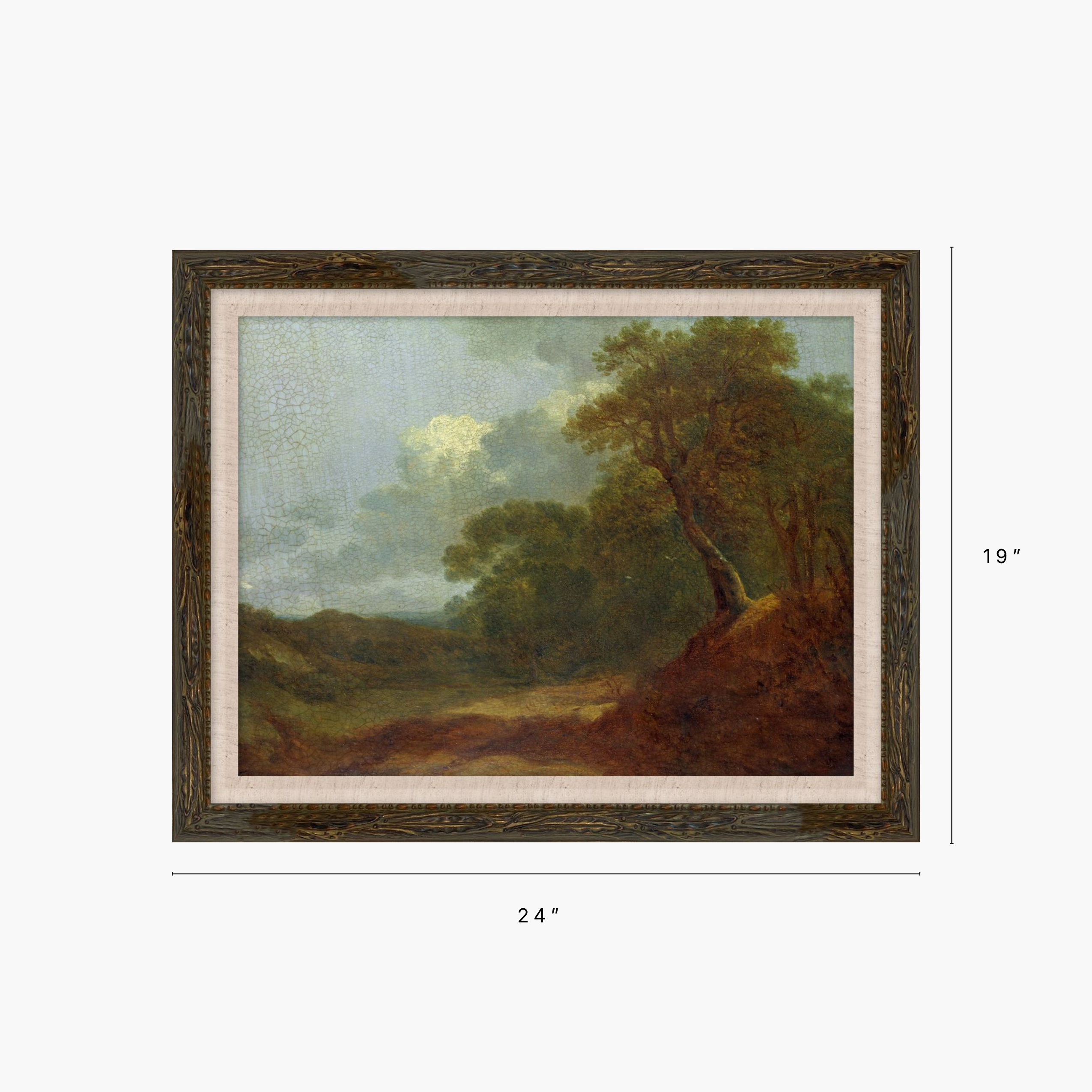 A framed landscape painting shown on a light gray background with dimension markers indicating 24 inches wide by 19 inches tall. The artwork depicts a tree on a hillside under a cloudy sky, with a dark wood frame and a light mat border.