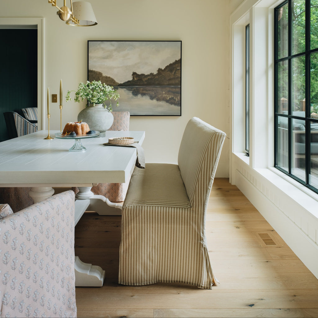 Lindy Slipcovered Dining Banquette in Jane Stripe Laurel