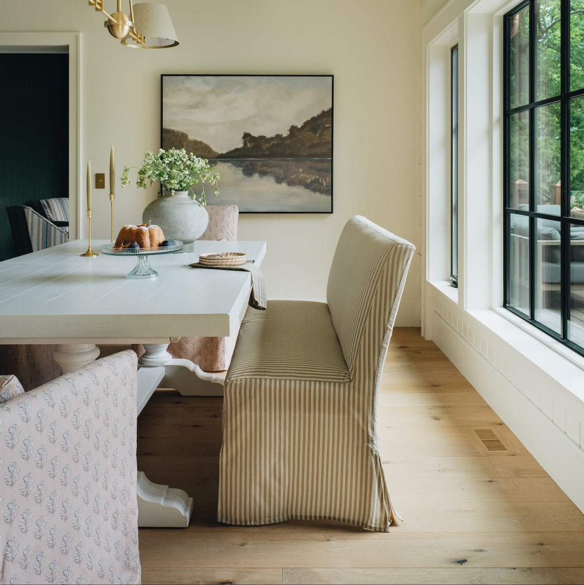Lindy Slipcovered Dining Banquette in Jane Stripe Laurel