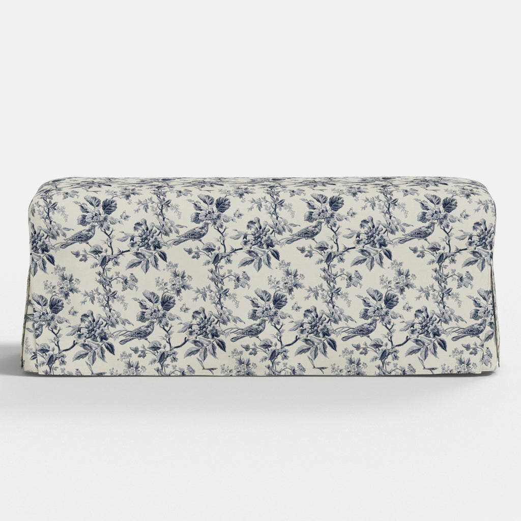 Lindy Slipcovered Dining Bench in Michigan Bird Toile Navy