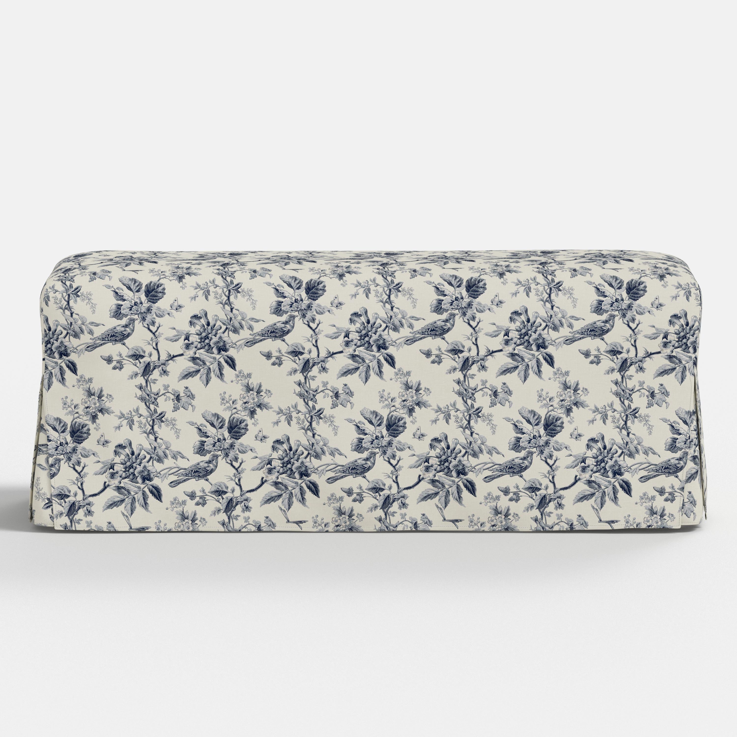 Lindy Slipcovered Dining Bench in Michigan Bird Toile Navy