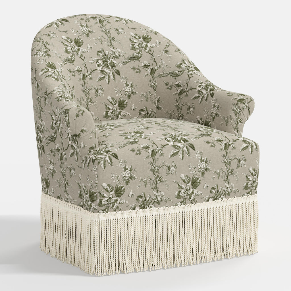 Marie Swivel Chair in Michigan Bird Toile Olive