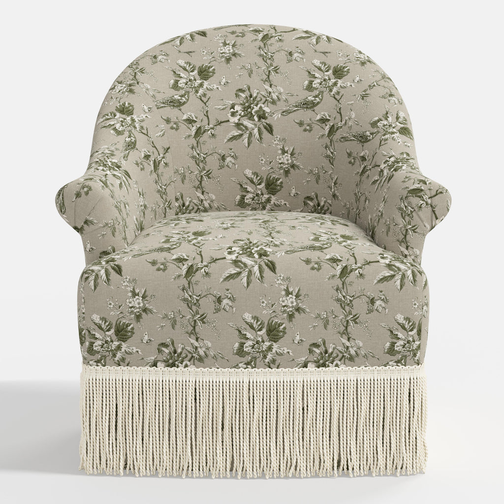 Marie Swivel Chair in Michigan Bird Toile Olive