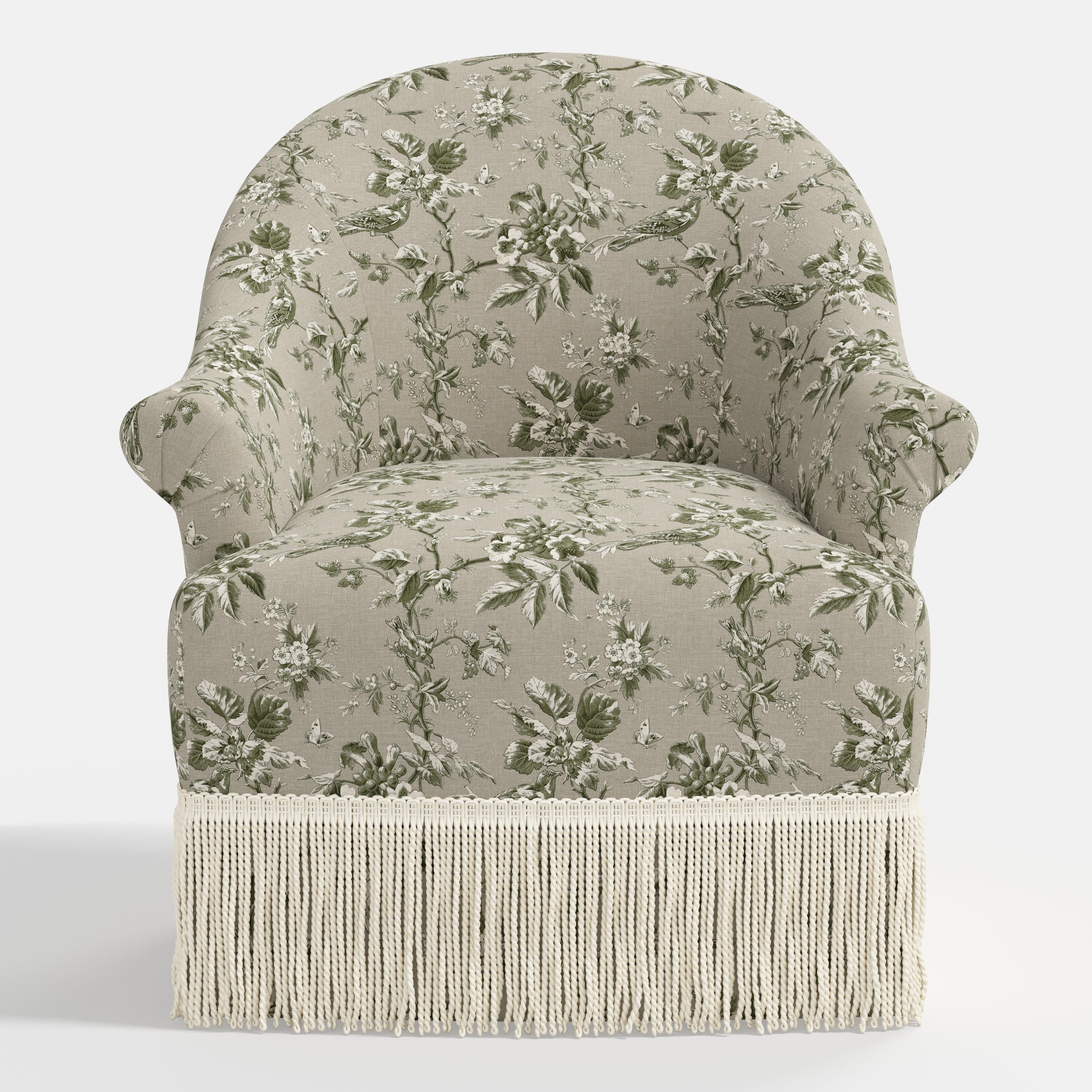 Marie Swivel Chair in Michigan Bird Toile Olive