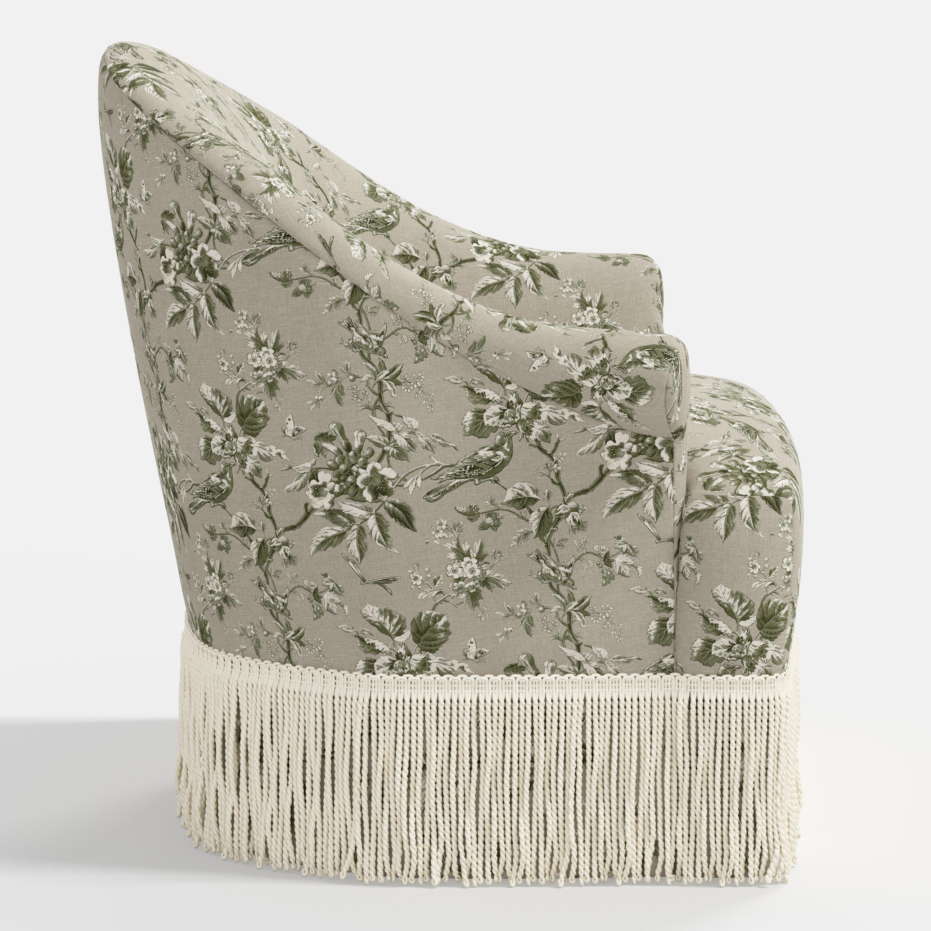 Marie Swivel Chair in Michigan Bird Toile Olive