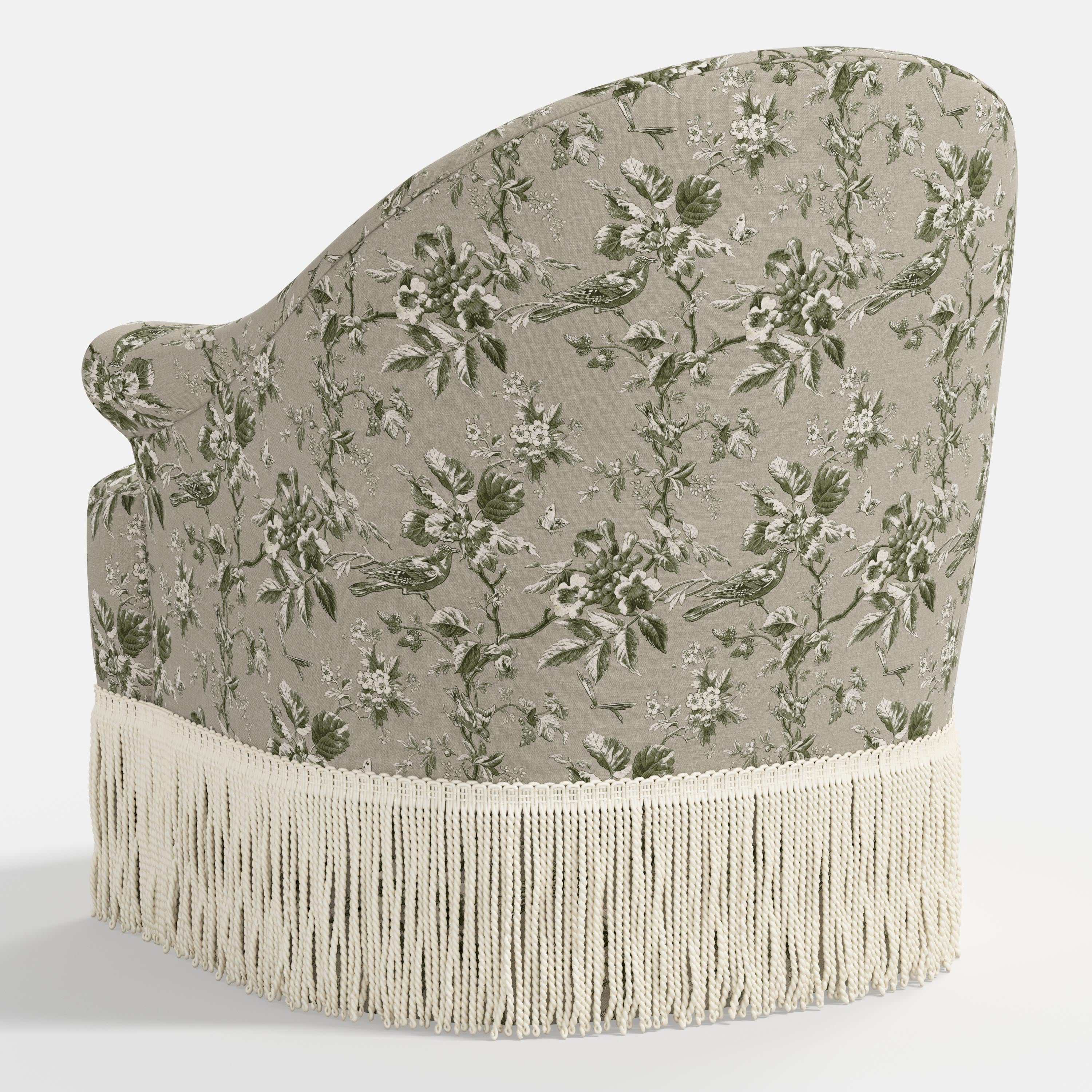 Marie Swivel Chair in Michigan Bird Toile Olive