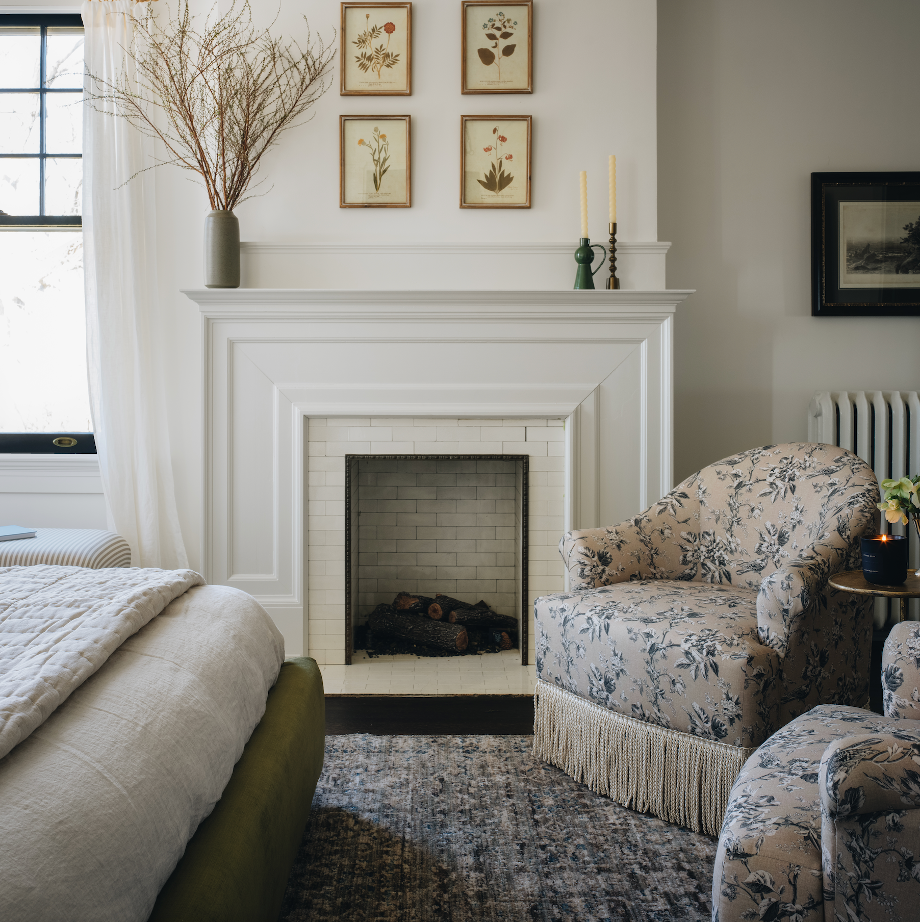 Marie Swivel Chair in Michigan Bird Toile Olive