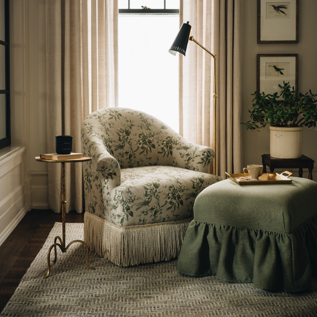Marie Swivel Chair in Michigan Bird Toile Olive