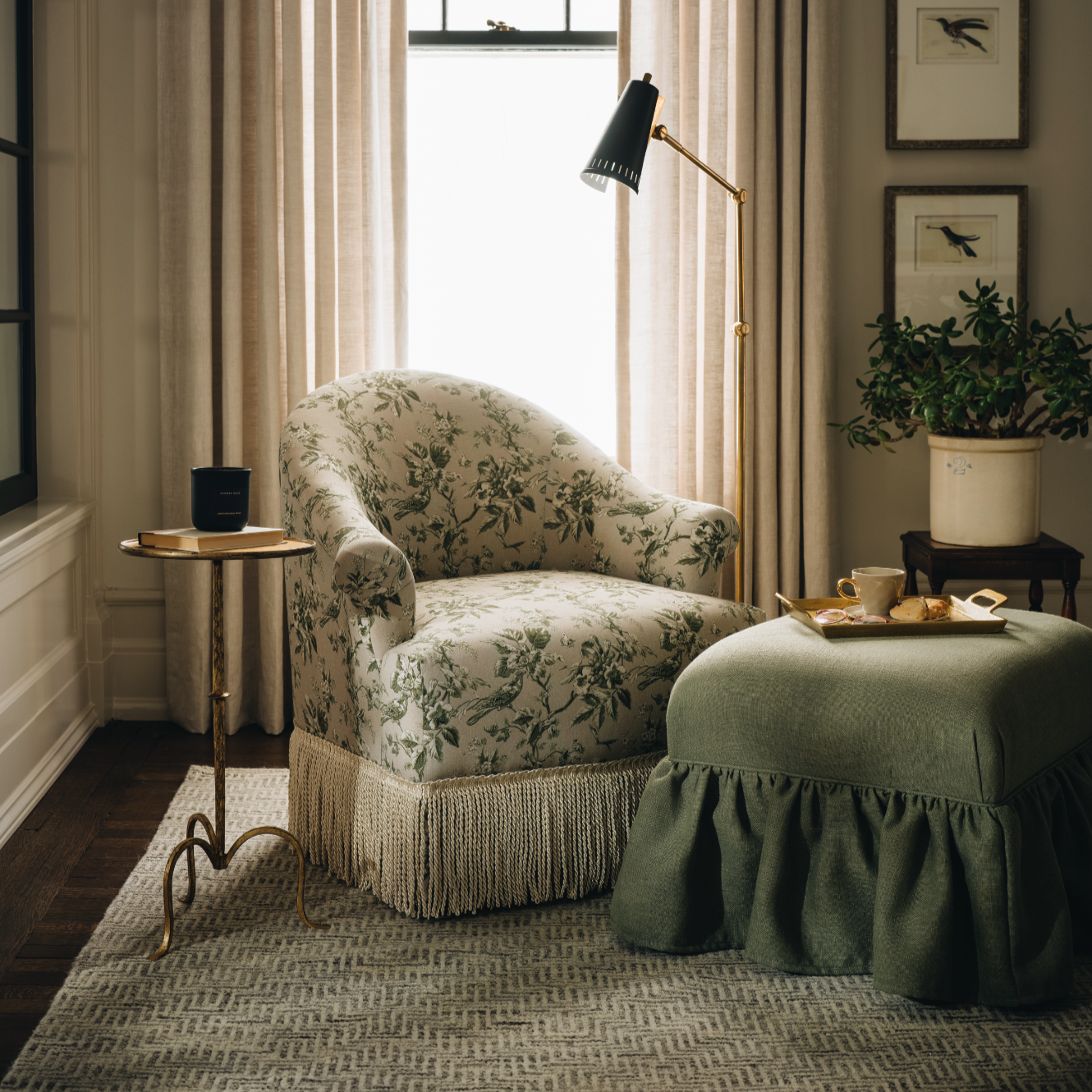 Marie Swivel Chair in Michigan Bird Toile Olive