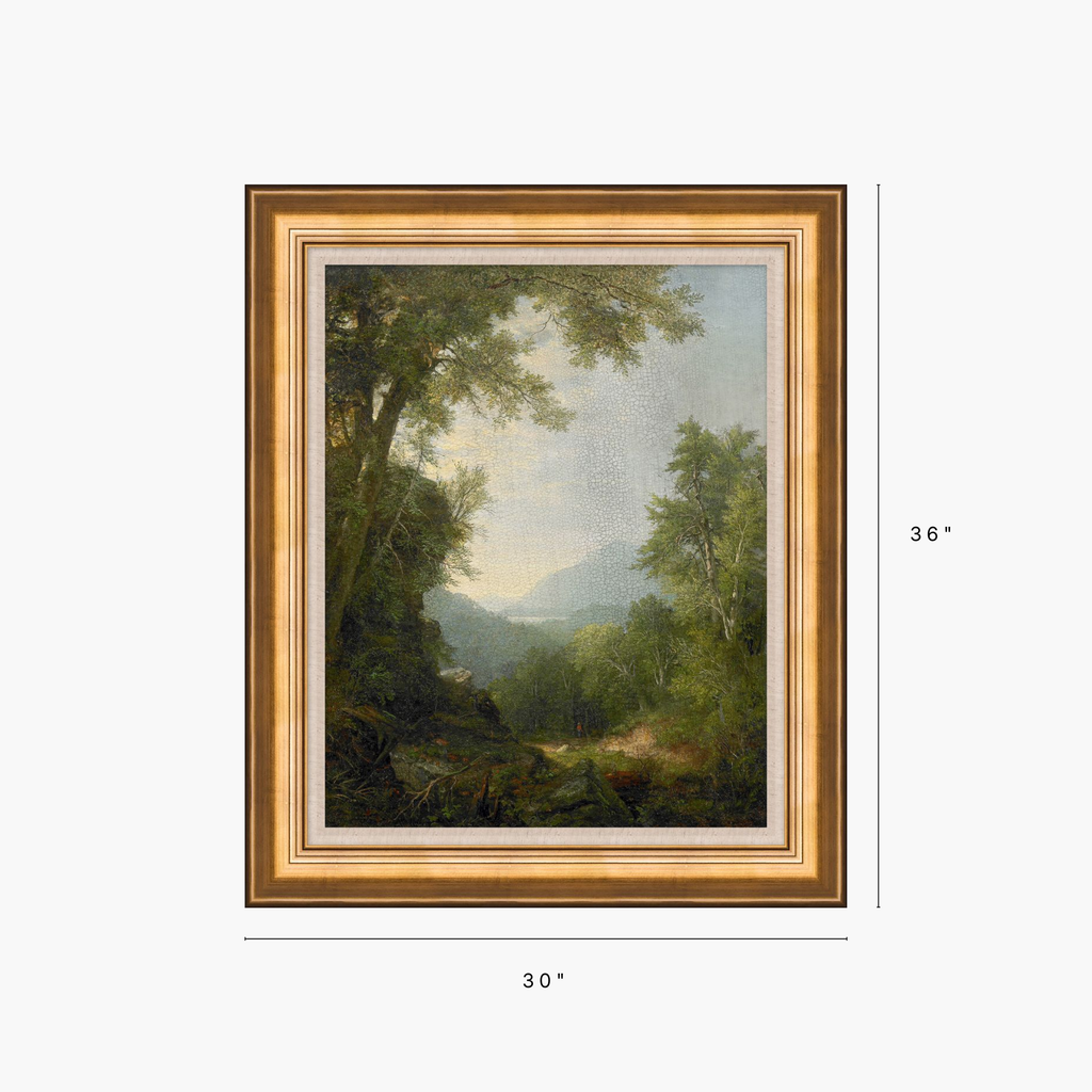 A framed landscape painting shown against a light gray background, with dimension labels indicating 30 inches wide and 36 inches tall. The artwork depicts a tree-lined path with distant mountains and a pale sky, surrounded by a gold-toned frame.