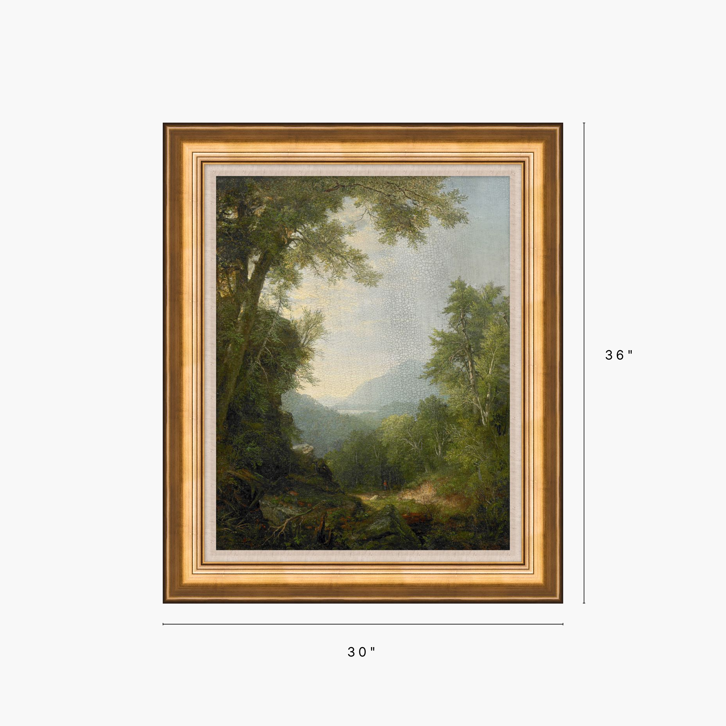 A framed landscape painting shown against a light gray background, with dimension labels indicating 30 inches wide and 36 inches tall. The artwork depicts a tree-lined path with distant mountains and a pale sky, surrounded by a gold-toned frame.