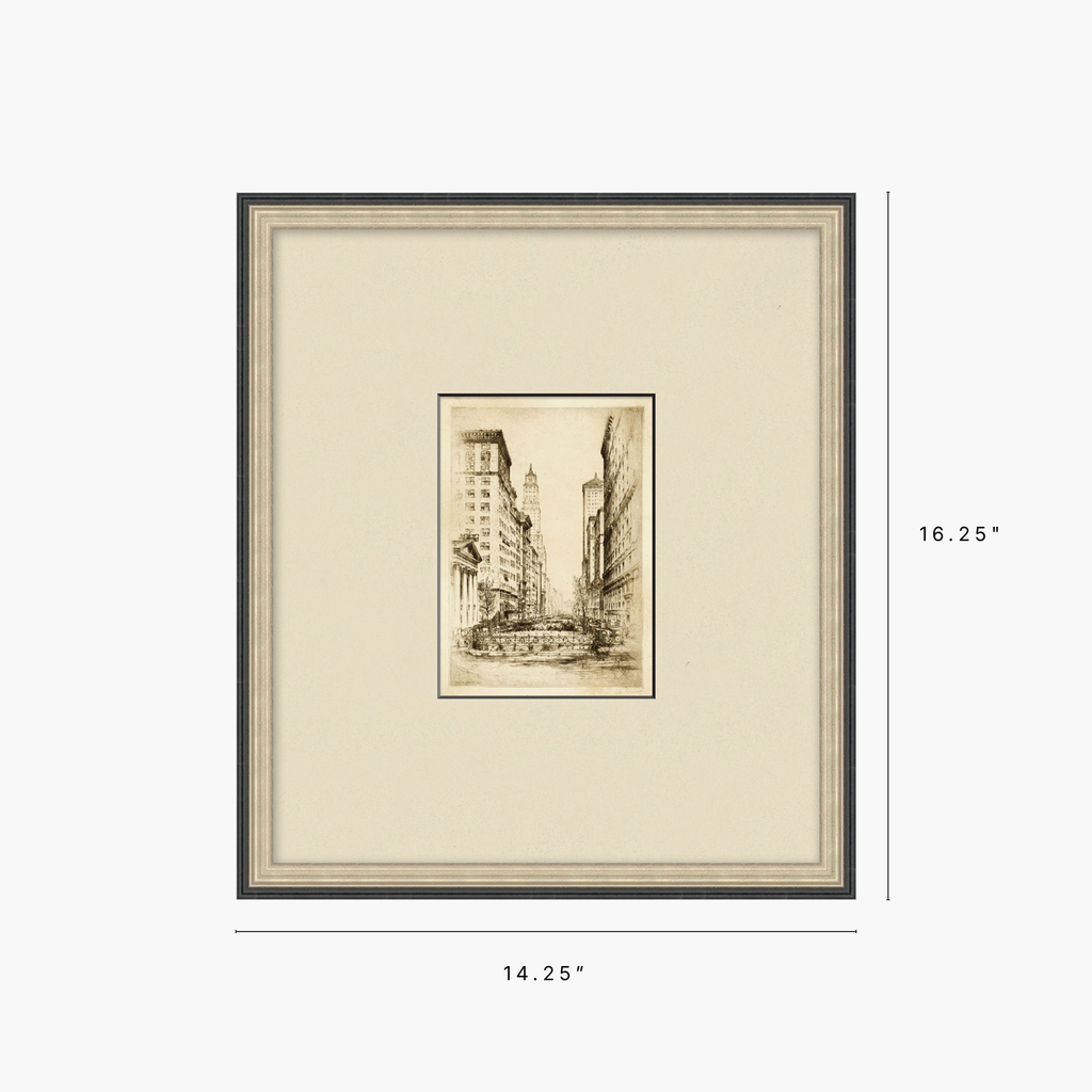Framed art print with a sepia-toned city street sketch, shown with a wide cream mat and dimension markers indicating 14.25 by 16.