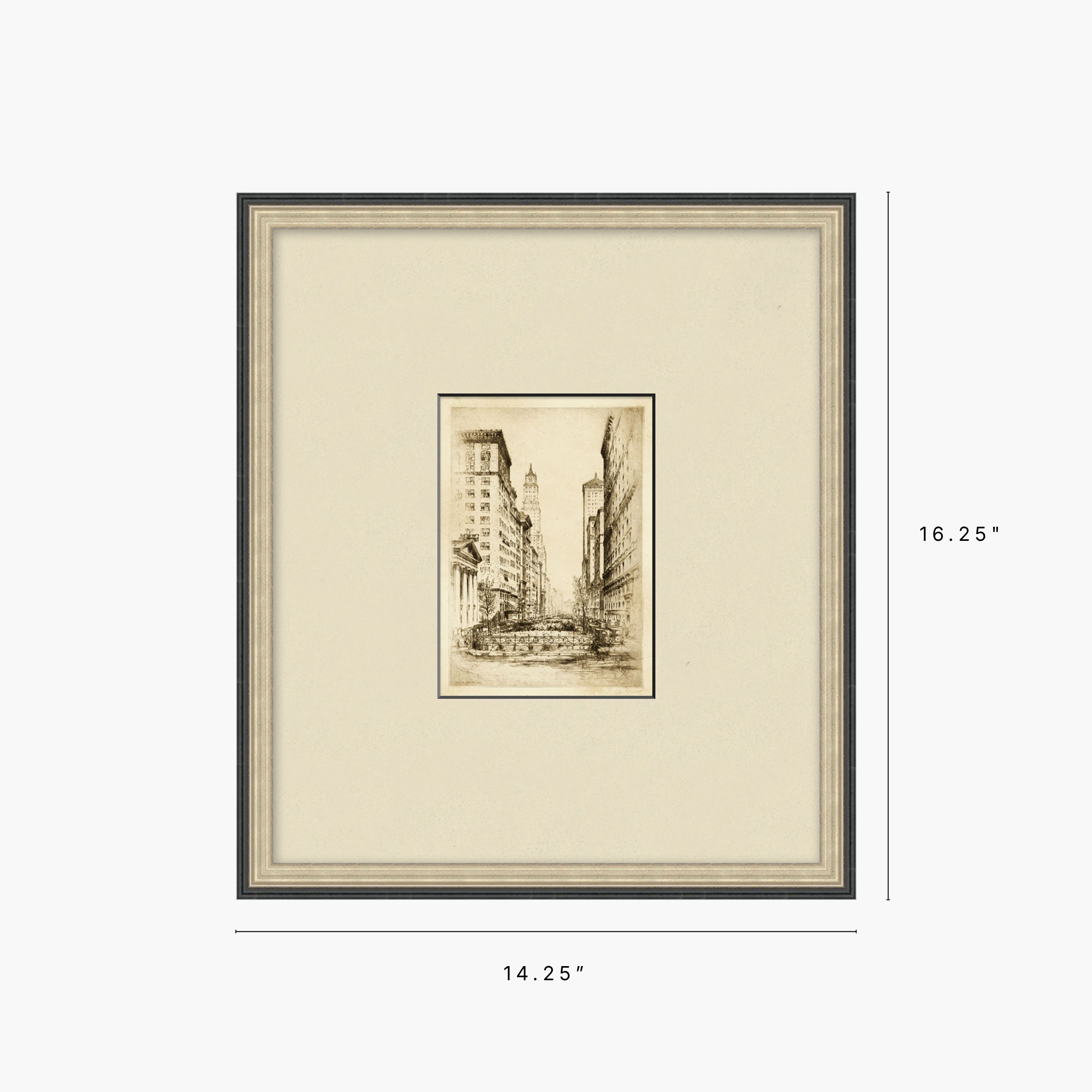 Framed art print with a sepia-toned city street sketch, shown with a wide cream mat and dimension markers indicating 14.25 by 16.
