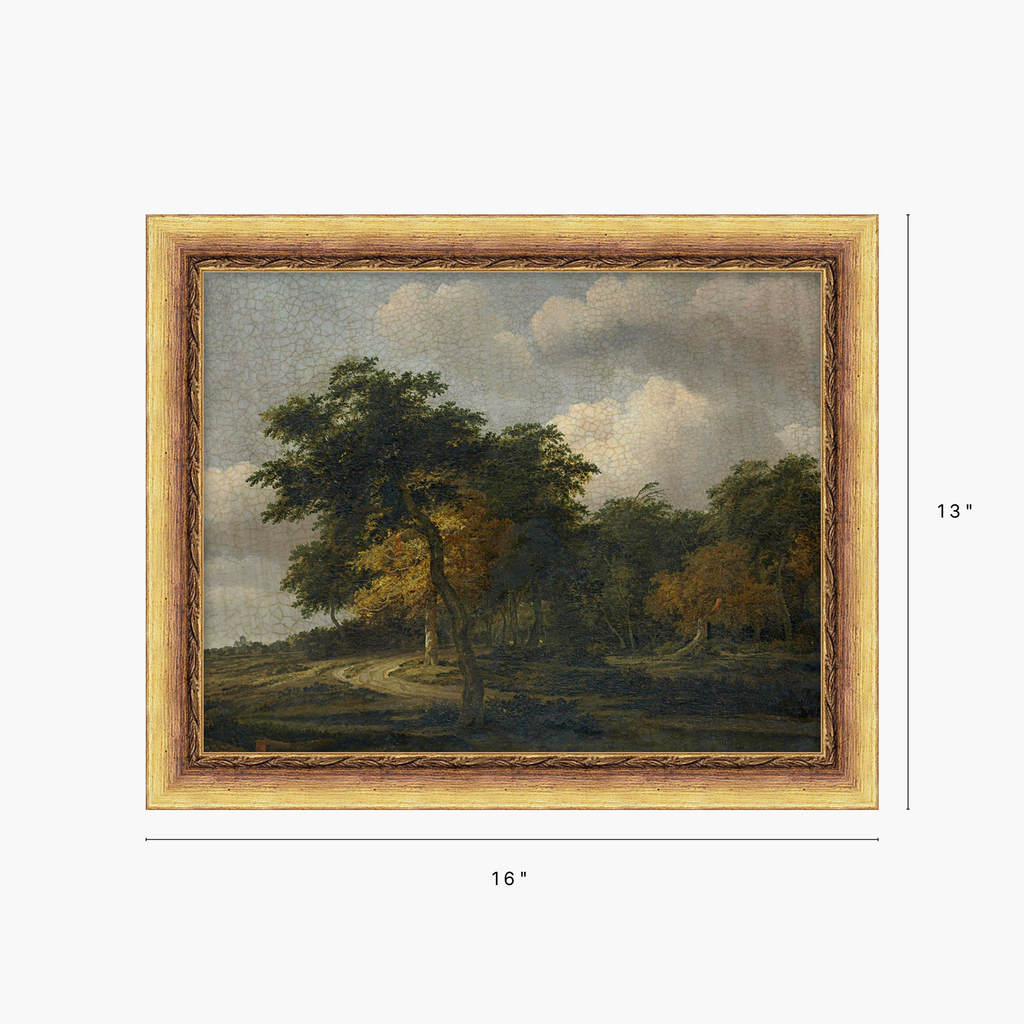 A framed landscape painting shown against a light gray background, with dimension lines indicating 16 inches wide by 13 inches tall. The artwork depicts trees, a winding path, and a cloudy sky, enclosed in a warm gold-toned frame.