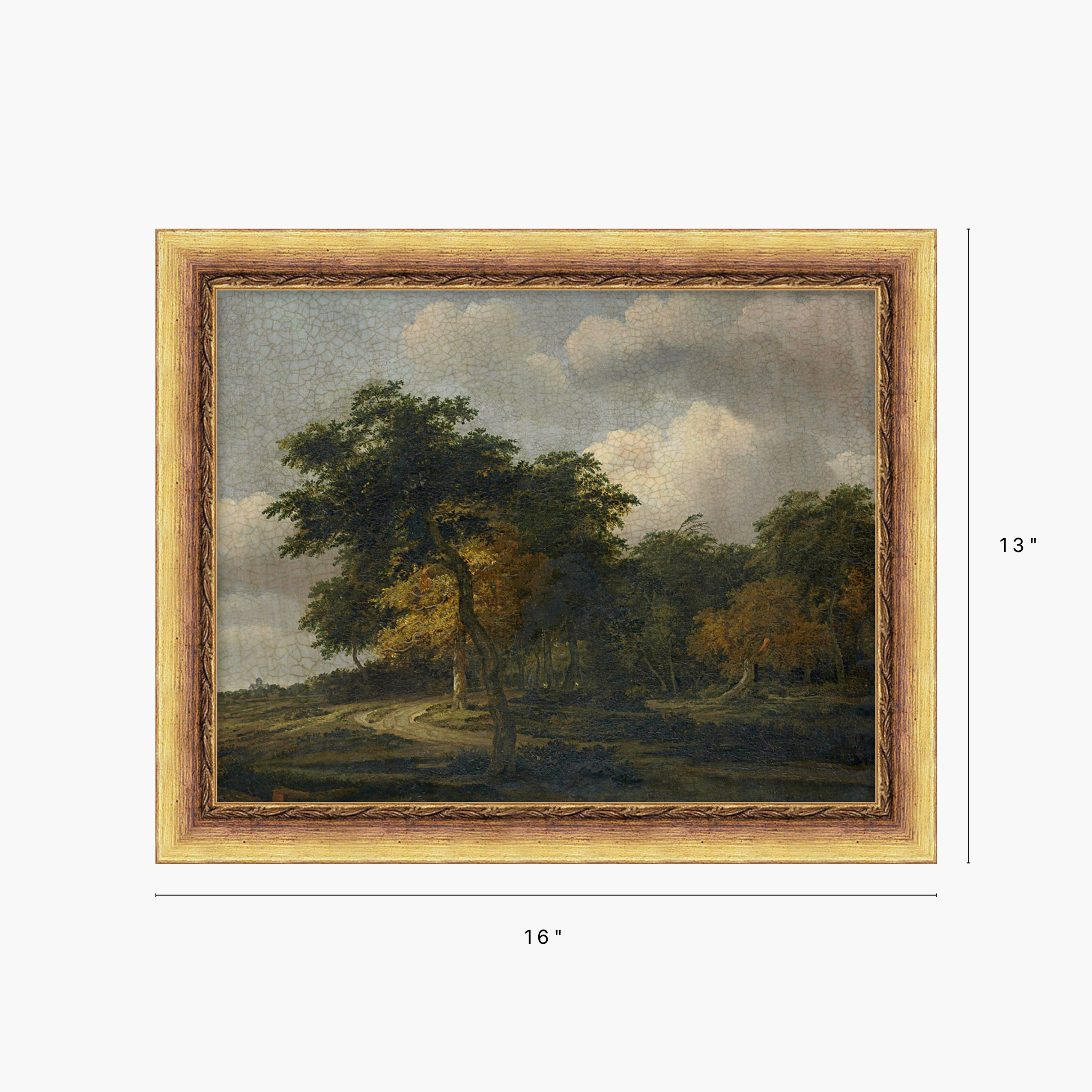 A framed landscape painting shown against a light gray background, with dimension lines indicating 16 inches wide by 13 inches tall. The artwork depicts trees, a winding path, and a cloudy sky, enclosed in a warm gold-toned frame.
