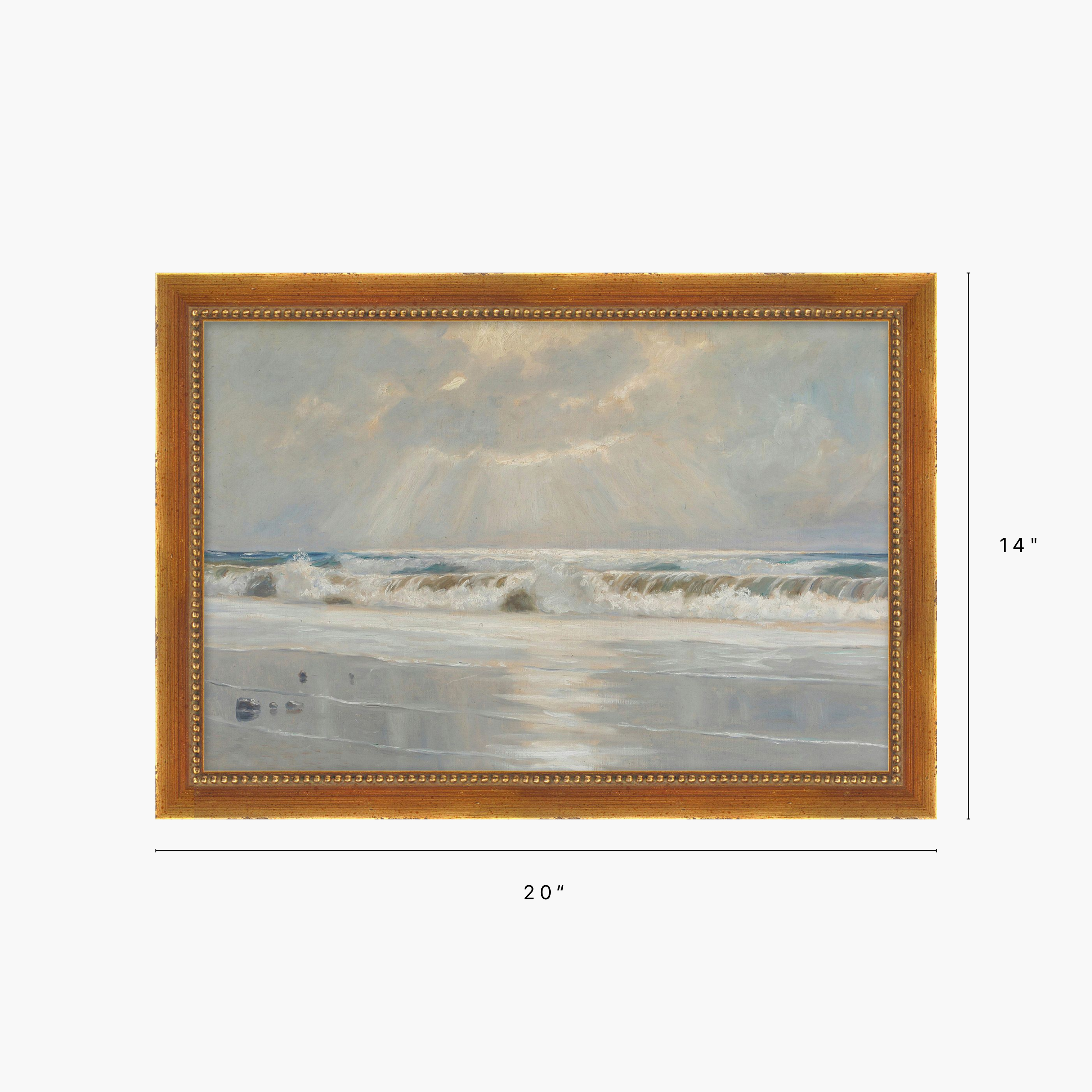 A framed beach seascape painting shown against a light gray background, with dimension lines indicating 20 inches wide and 14 inches tall. The artwork depicts ocean waves, a pale cloudy sky, and wet sand, enclosed in a warm brown frame.