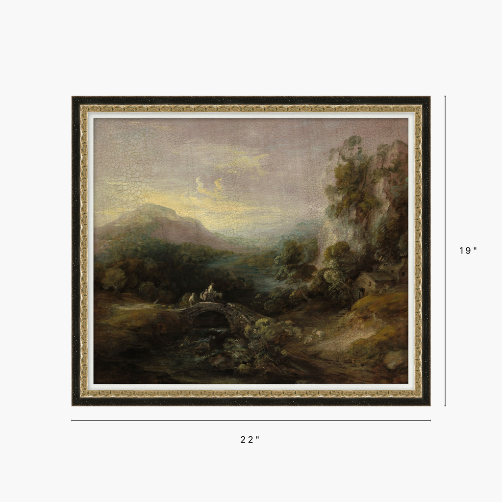 A framed landscape painting shown against a light gray background, with dimension labels indicating 22 inches wide and 19 inches tall. The artwork depicts a misty pastoral scene with trees, hills, a bridge, and small figures on a river.