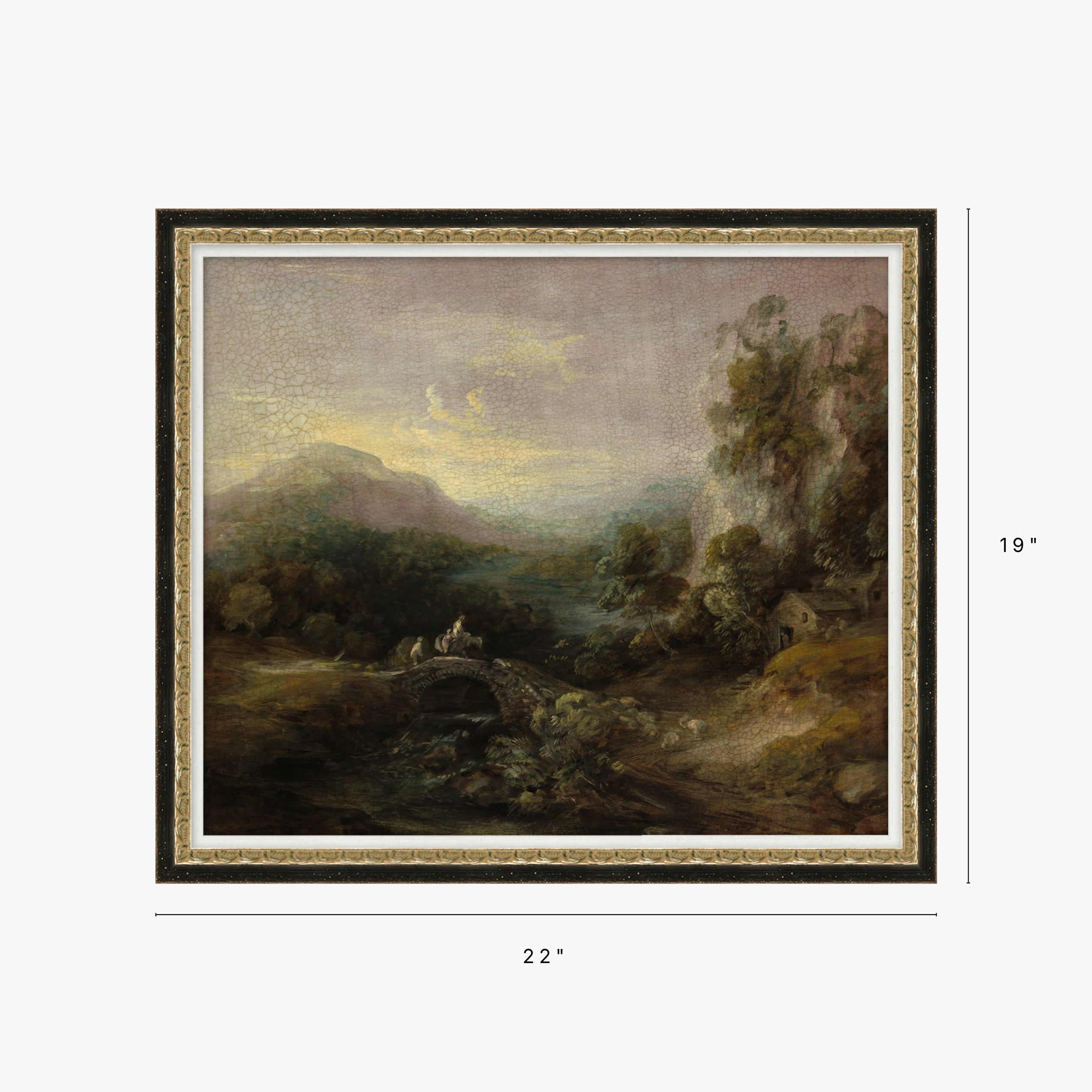 A framed landscape painting shown against a light gray background, with dimension labels indicating 22 inches wide and 19 inches tall. The artwork depicts a misty pastoral scene with trees, hills, a bridge, and small figures on a river.