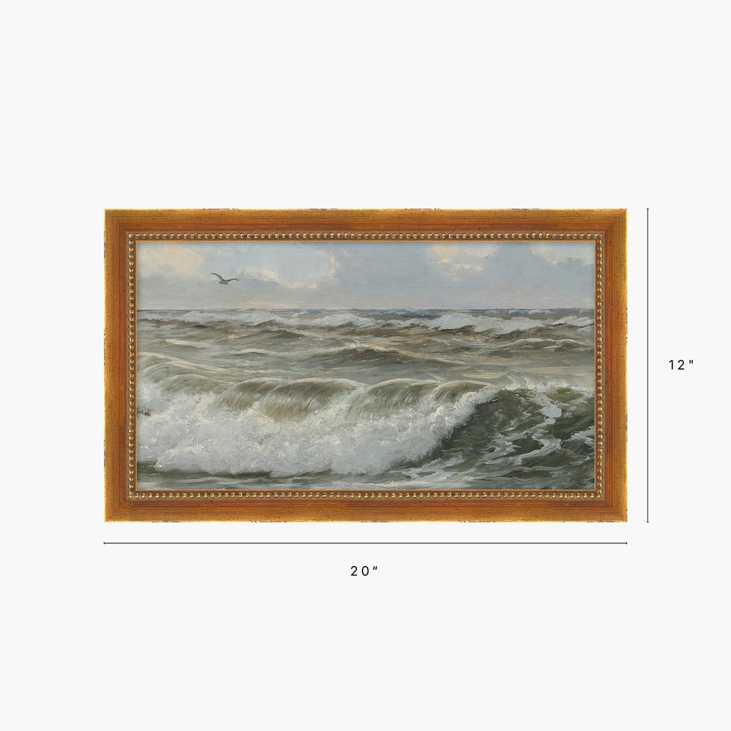 A framed painting of a stormy ocean scene with waves, white foam, and a small bird in the sky, shown with dimension markers indicating 20 inches wide by 12 inches tall.