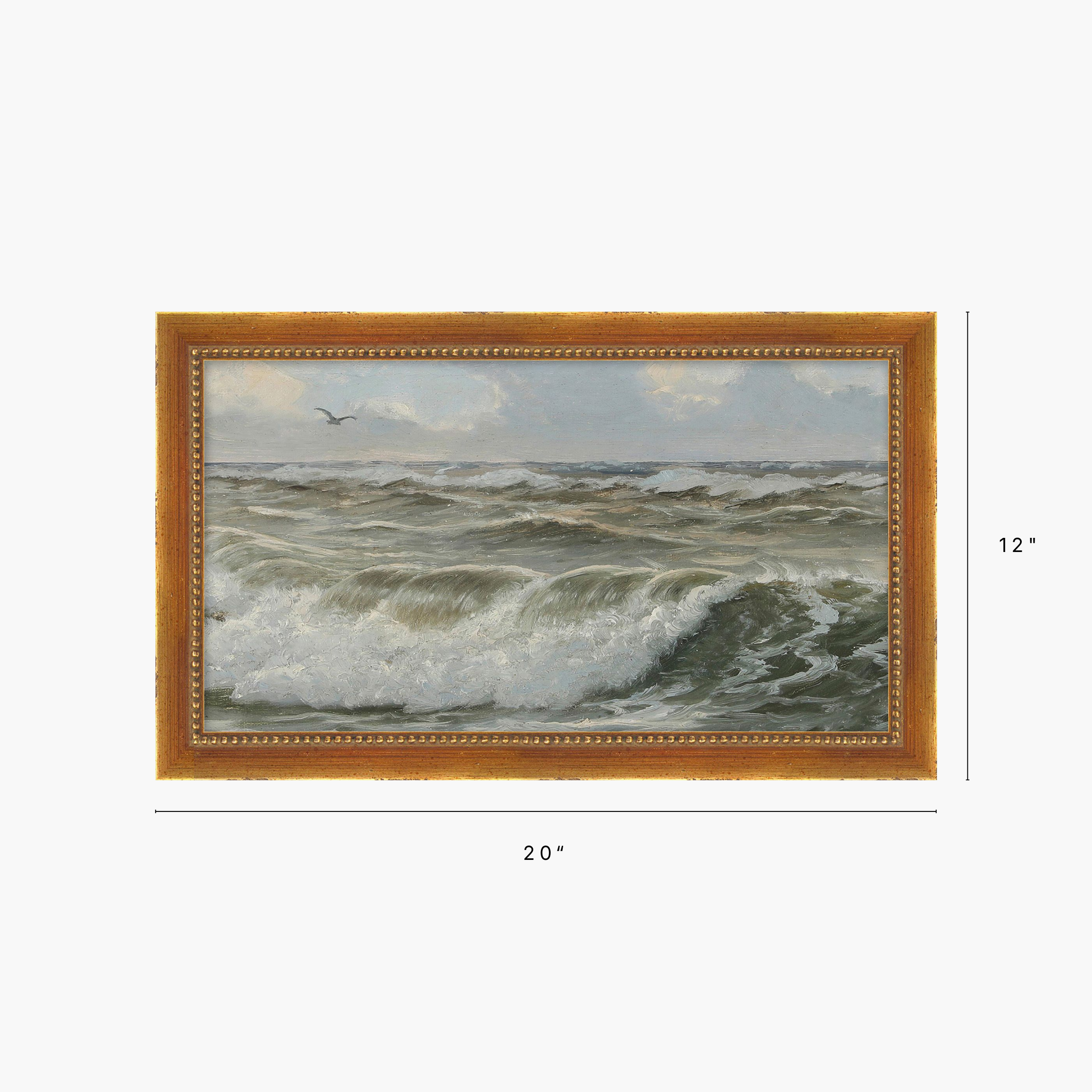 A framed painting of a stormy ocean scene with waves, white foam, and a small bird in the sky, shown with dimension markers indicating 20 inches wide by 12 inches tall.