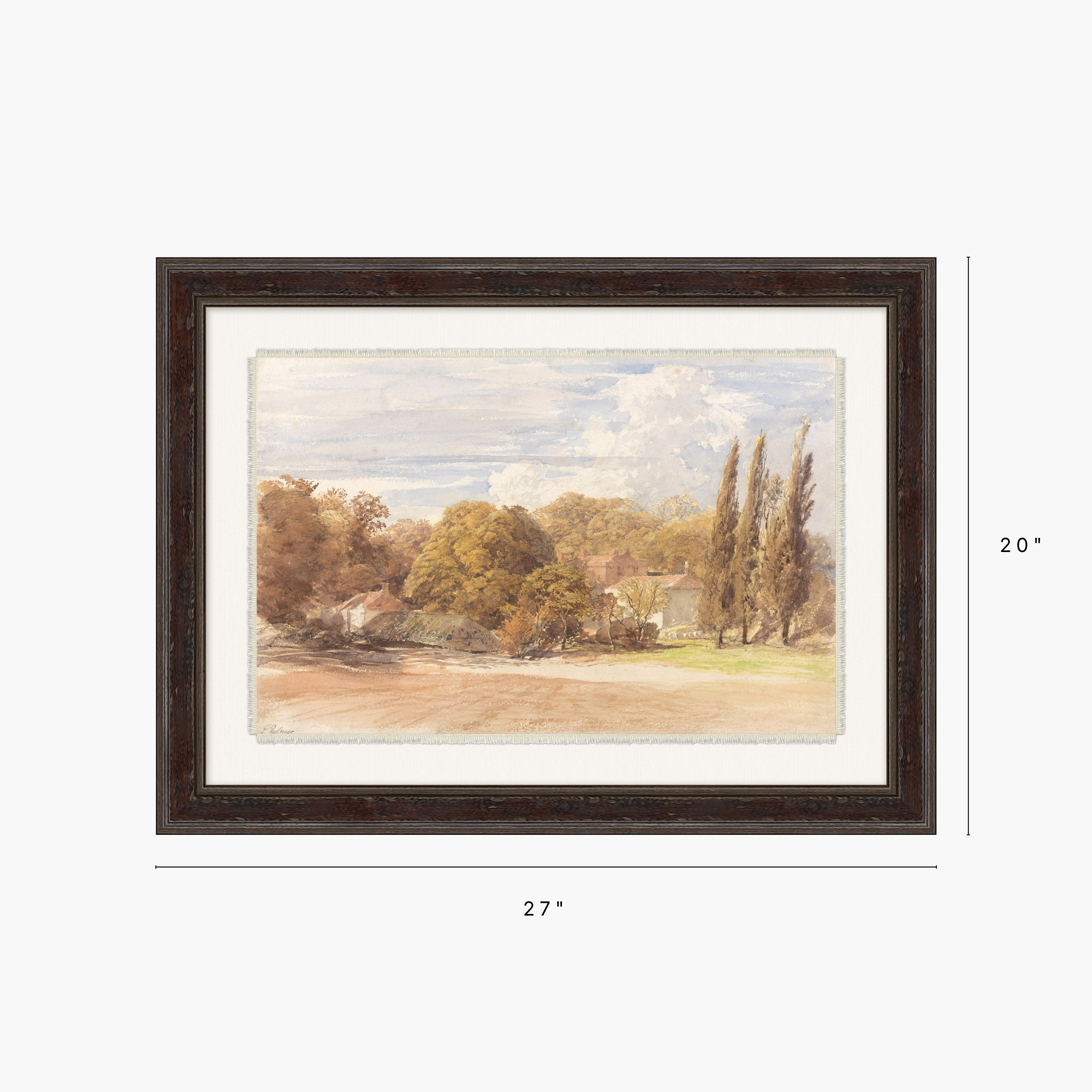 Framed landscape painting shown with dimension markers, featuring a dark brown frame, white mat, and a soft-toned scene of trees, fields, and sky. The image includes width and height labels: 27 in by 20 in.