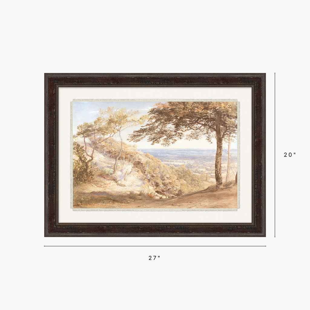 Framed landscape art print showing trees and a coastal scene, displayed with dimension markers indicating 27 inches wide by 20 inches tall.