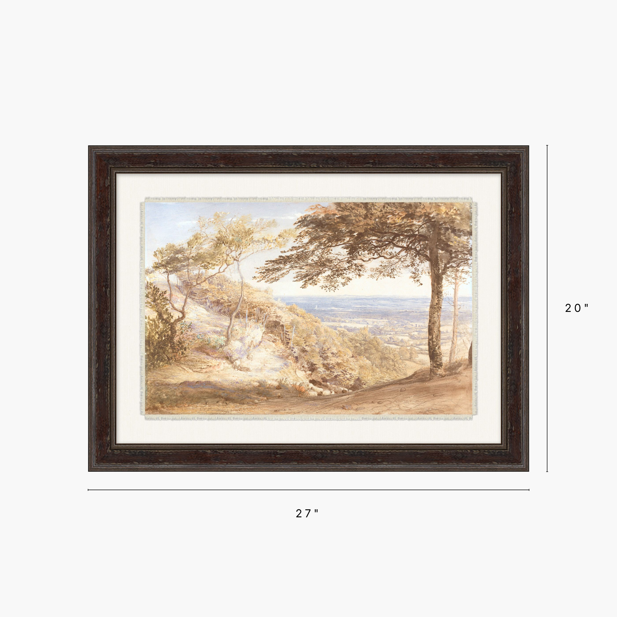 Framed landscape art print showing trees and a coastal scene, displayed with dimension markers indicating 27 inches wide by 20 inches tall.