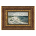Framed painting of a beach scene with a sailboat.
