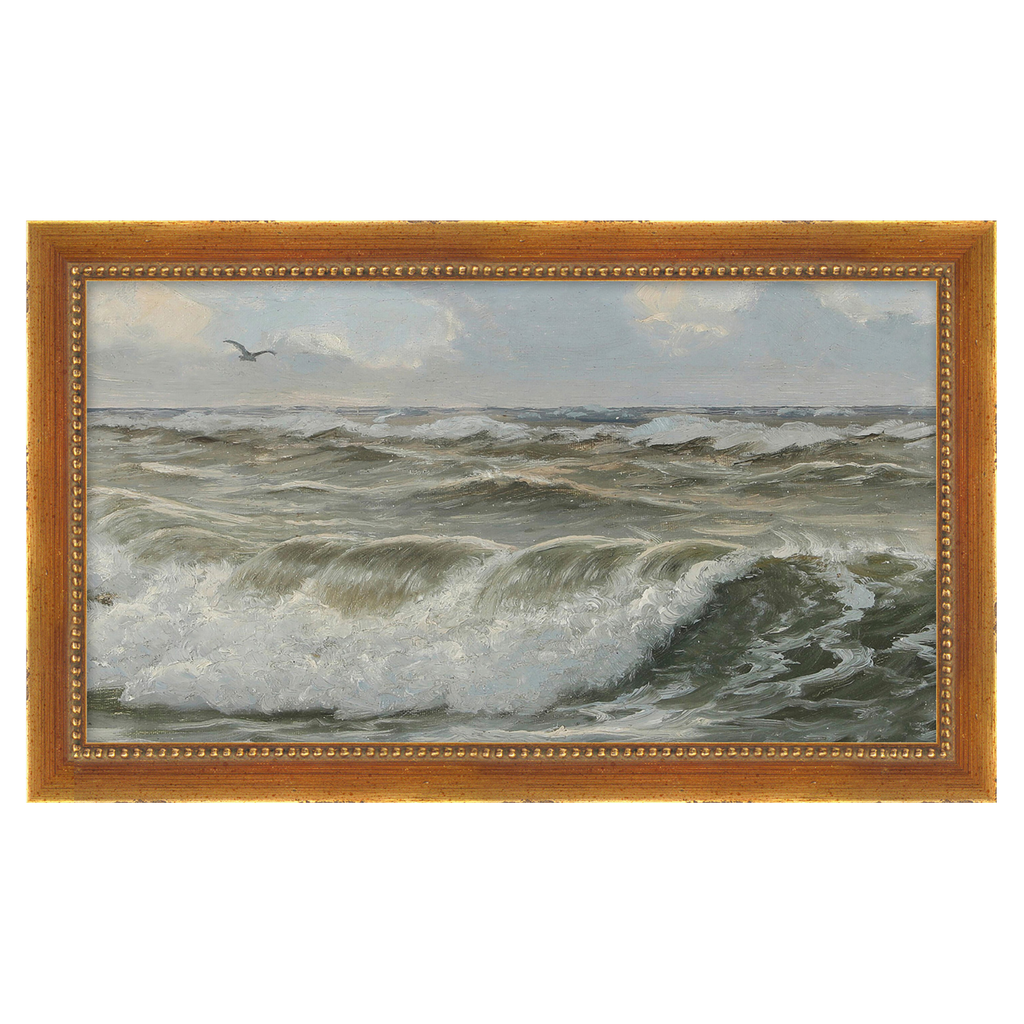 Framed painting of a seascape with waves and a bird.