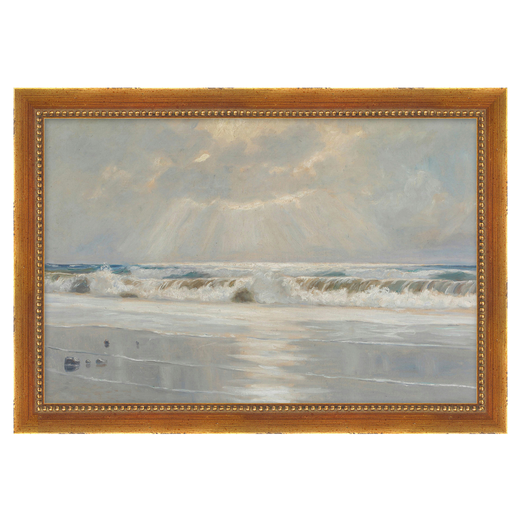 Framed painting of a beach scene with waves and sky.
