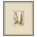 Framed black and white cityscape drawing on a beige background