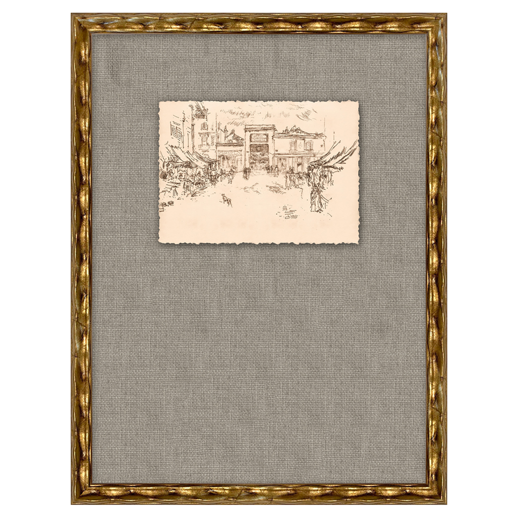Framed drawing of a building on gray fabric background