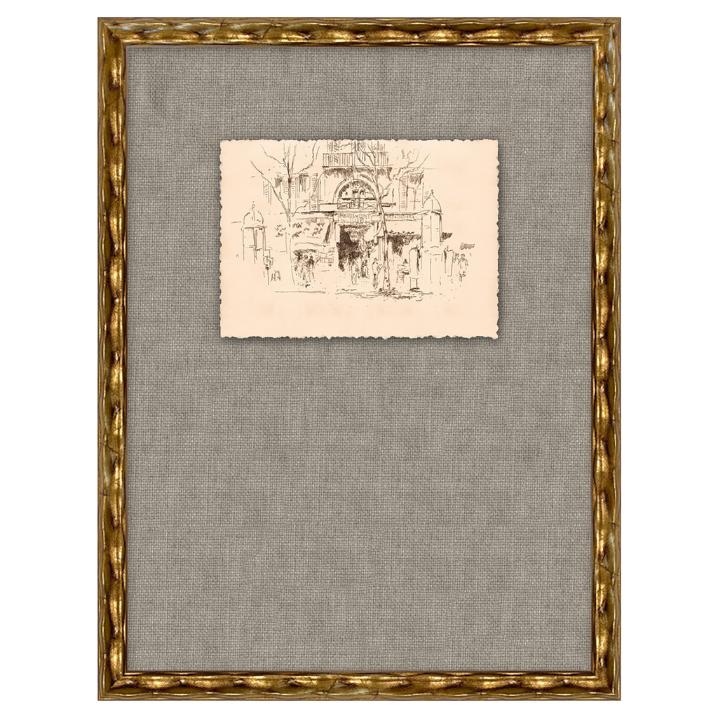 Framed artwork with a gold frame and gray mat on a white background