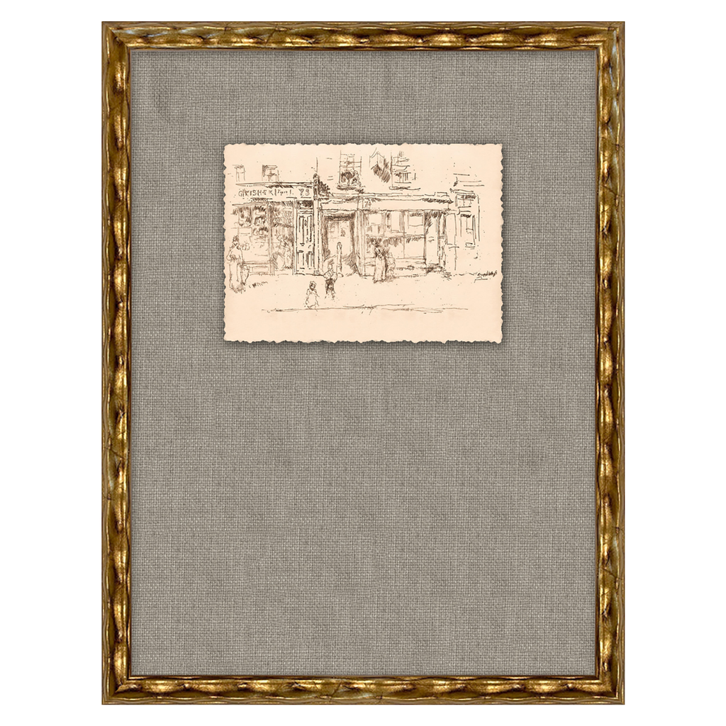 Framed drawing of a building on gray fabric background