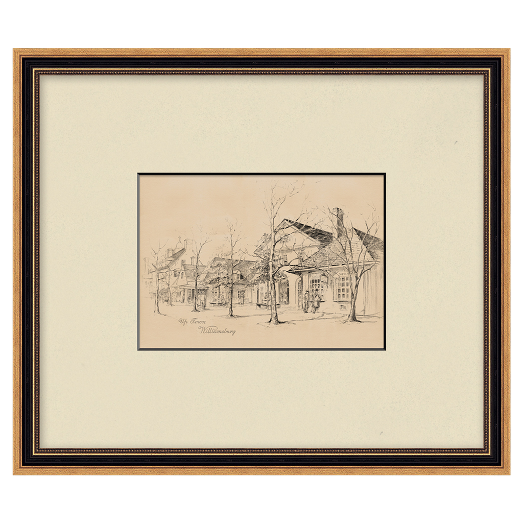 Framed black and white drawing of a landscape with buildings and trees on beige paper.