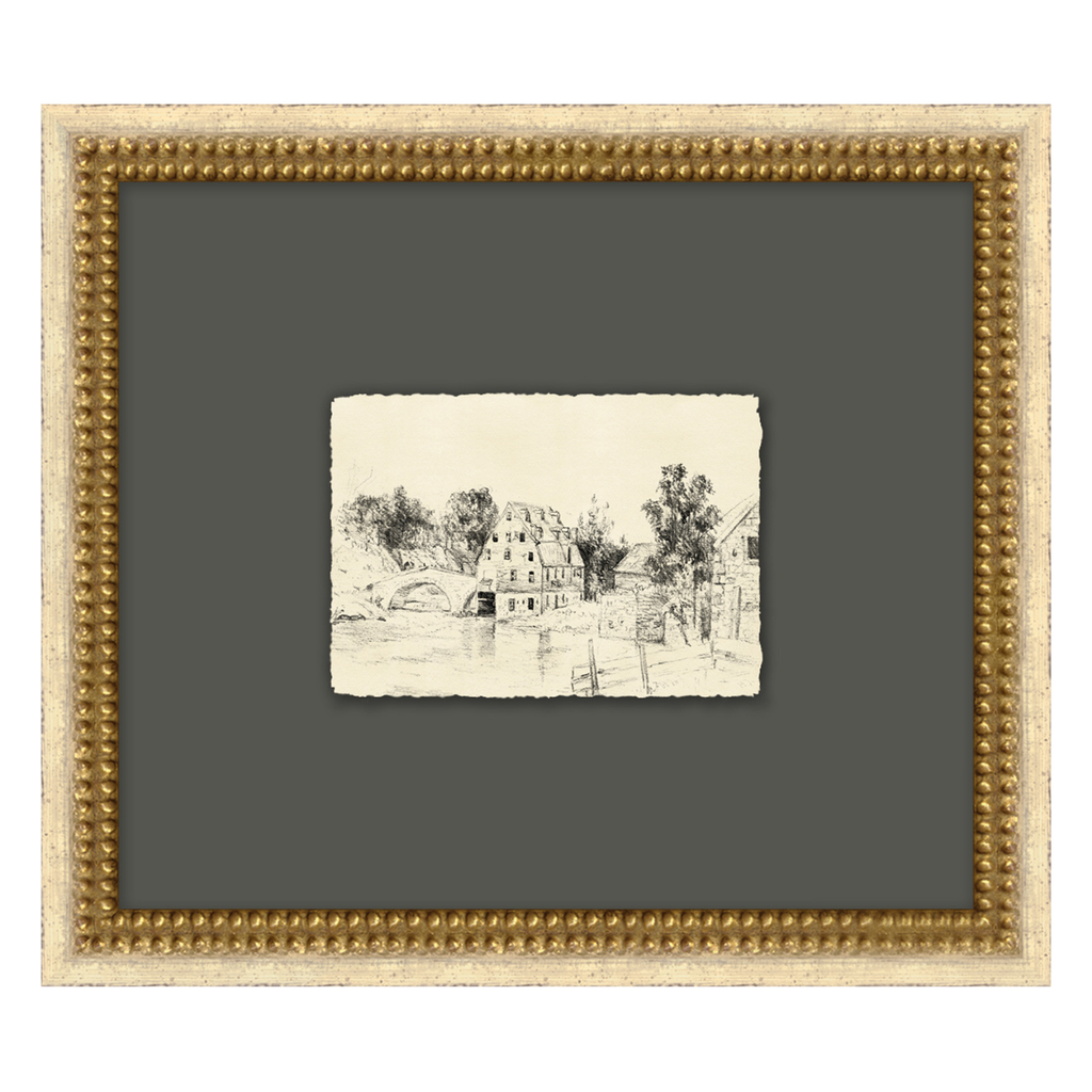Framed black and white drawing of a landscape with a bridge on a gray background