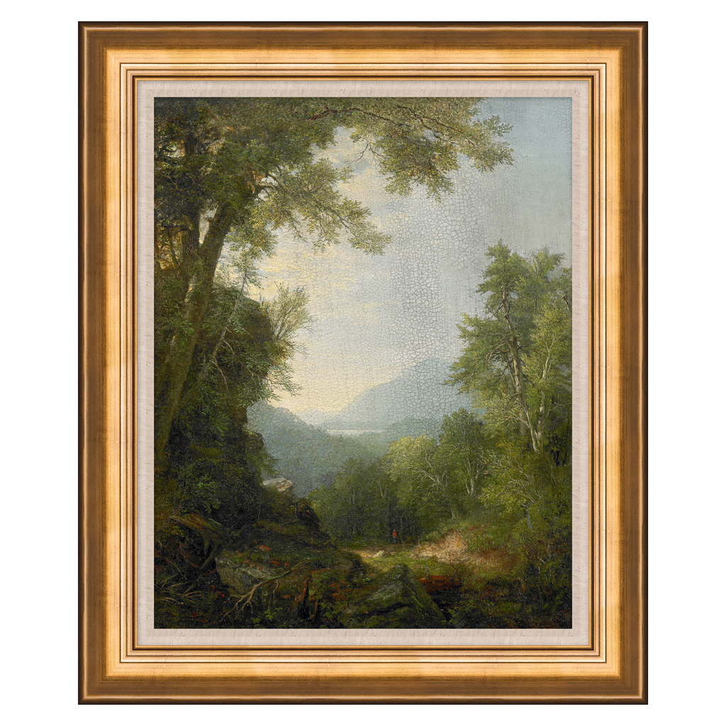 Framed landscape painting of a forest scene with trees and mountains.