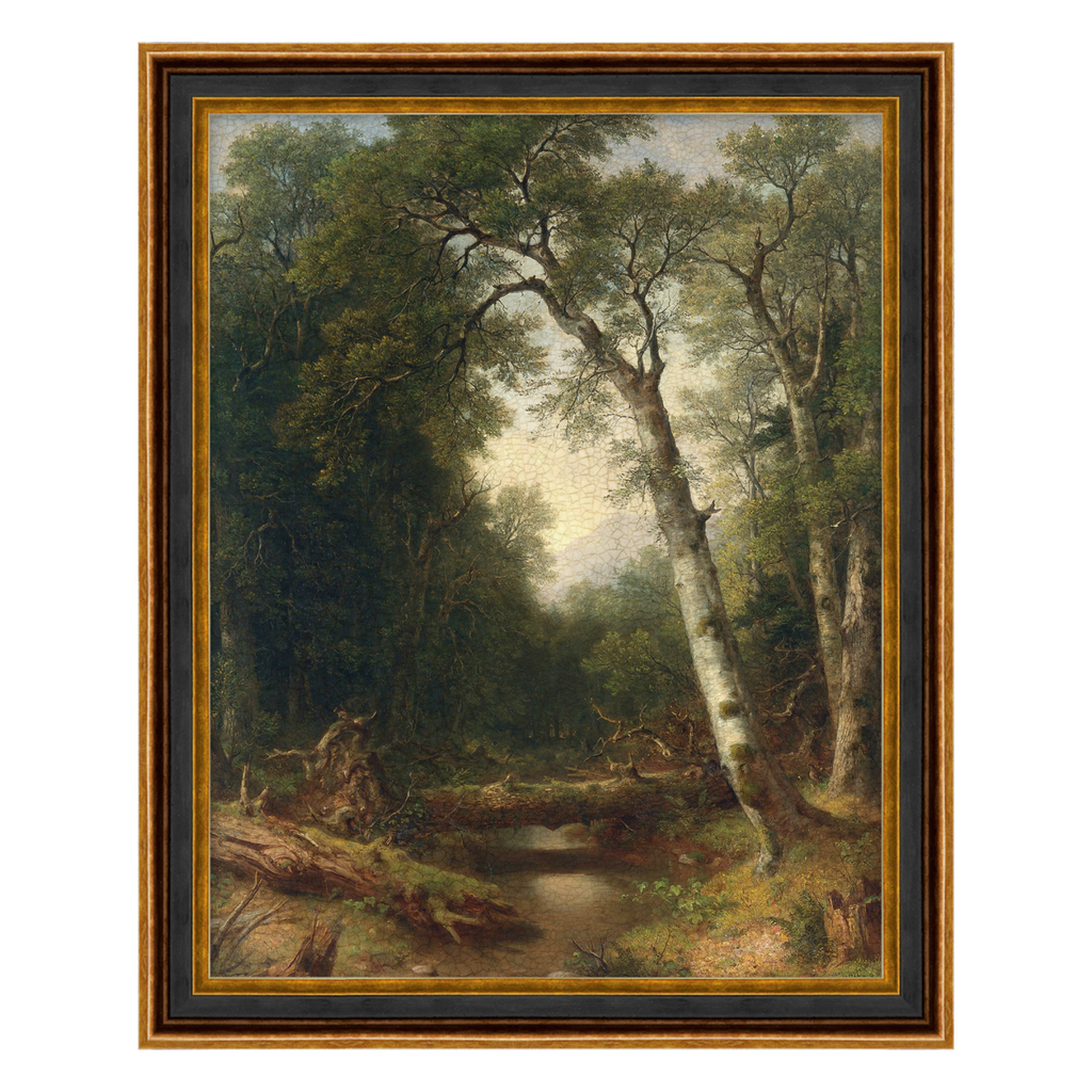 Framed painting of a forest scene with trees and a stream.