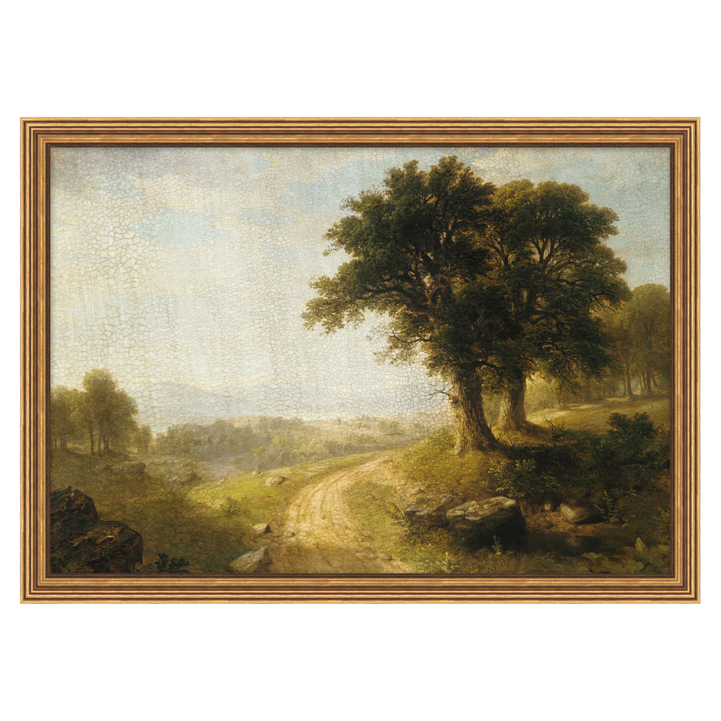 Landscape painting with a tree and path in a frame